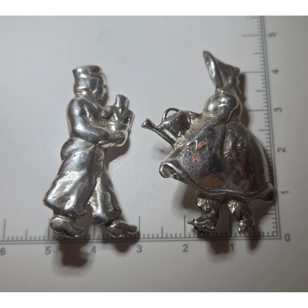 2 1940s‎ Sterling Silver Dutch Boy & Girl Brooches - Flower & Watering Can